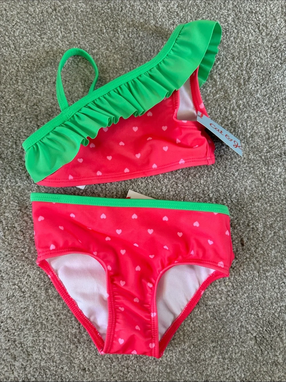 NWT Girls 18 month Two-Piece Swim Set with Green Ruffle one shoulder swimsuit